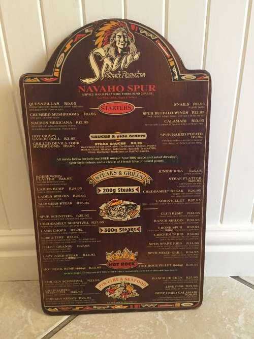 SPUR STEAK RANCHES MENU South Africa NAVAHO SPUR R12.95 BURGER early 1990s