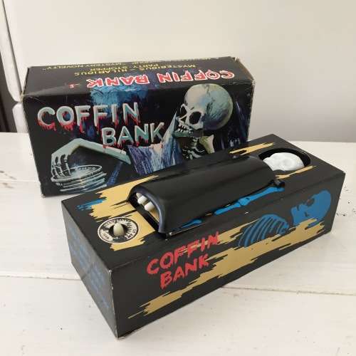 Coffin Bank Horror Money Box with original box - Tin plate and plastic style toy. Vintage style