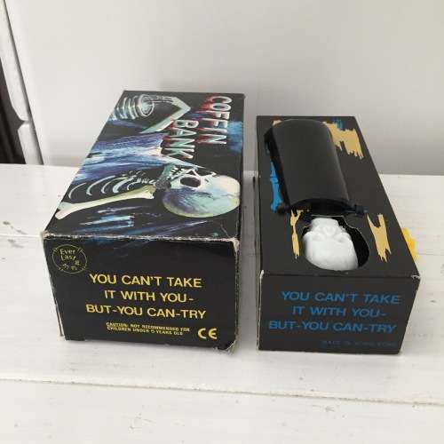 Coffin Bank Horror Money Box with original box - Tin plate and plastic style toy. Vintage style