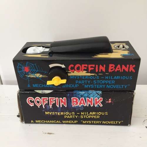 Coffin Bank Horror Money Box with original box - Tin plate and plastic style toy. Vintage style
