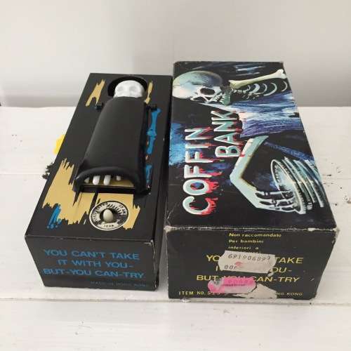Coffin Bank Horror Money Box with original box - Tin plate and plastic style toy. Vintage style