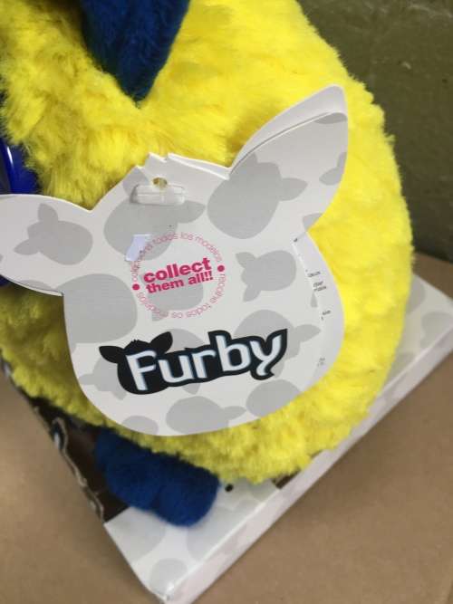 Hasbro FURBY YELLOW with Dark Blue Ears Plush Toy 20cm high New Mint on Card