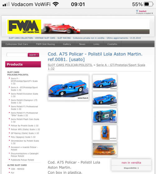 POLI CAR A series A75 rare ASTON MARTIN LOLA 1:32 scaLe SLOT CAR in original plastic box 1970s