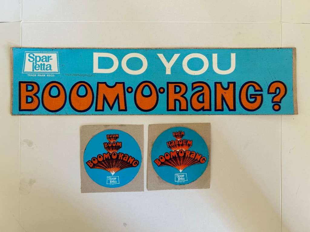 rare Genuine South African SPARLETTA company 1970s BOOM A RANG Promotional Sticker lot