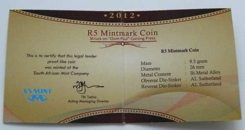 ## 2012 R5  Uncirculated Oom Paul with Mint Mark - with COA ##