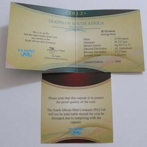 2012 Silver Proof R 2 - Trains of SA - Gautrain - with certificate