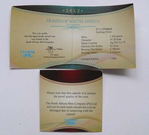 ## 2012  Proof Tickey  (2 1/2c ) Trains of Africa - Gautrain  in Mint bag with COA ##