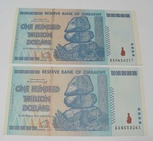 ** 2 X  ZIMBABWE 100 TRILLION DOLLARS  AA Prefix Notes**  - UNC Mint Crisp Notes - BID PER NOTE