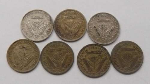 ** 7 X 3p coins  1943, 1947, 1948, 1950, 1953, 1954  & 1955 ** -  BID per COIN to TAKE THE LOT