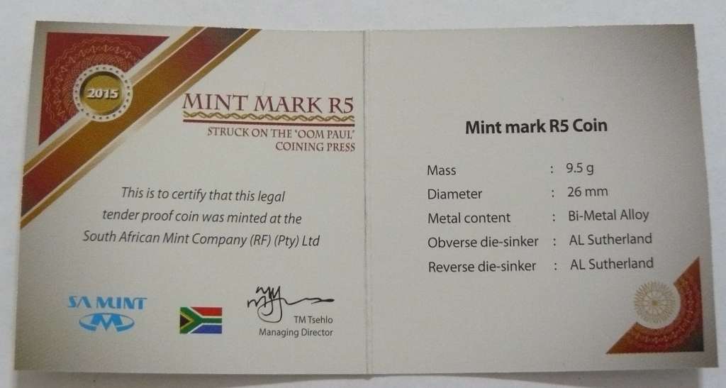 ## 2015 R5  Uncirculated Oom Paul  with Mint Mark - with COA ##