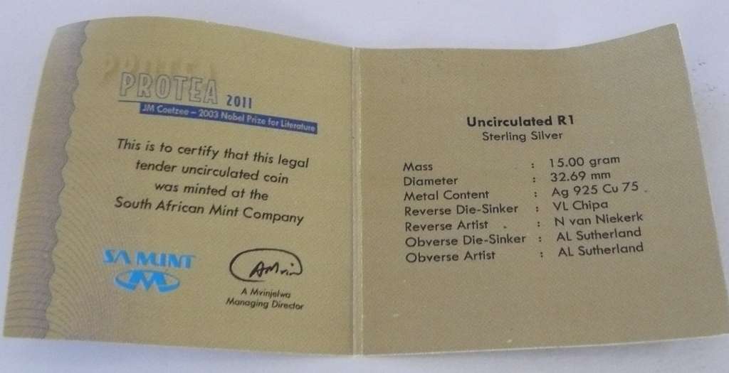 2011 SA Silver Uncirculated R1 - J M Coetzee