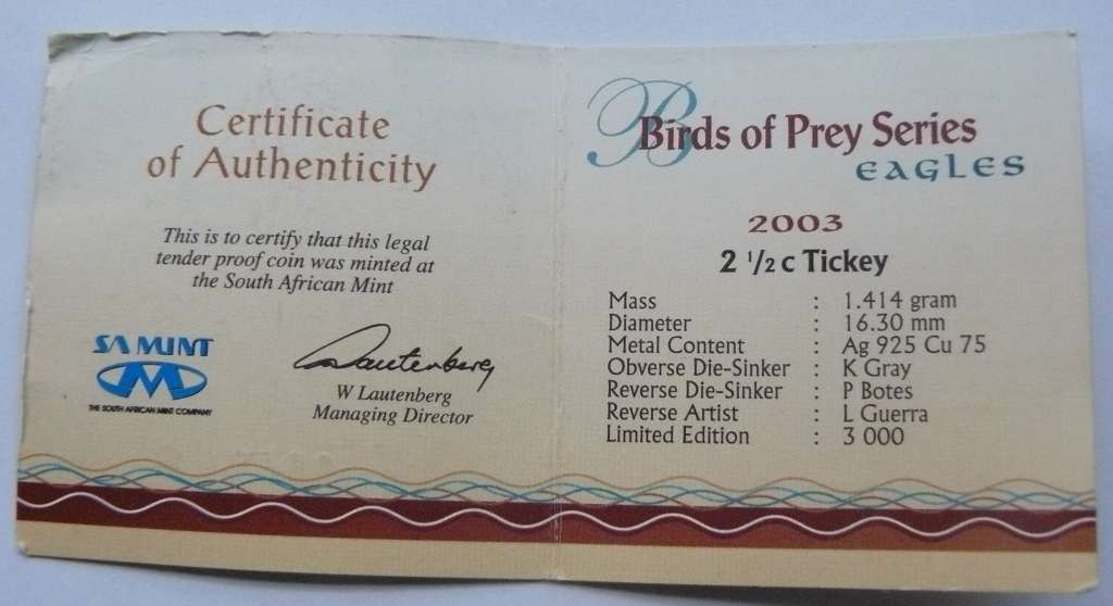 ## 2003 Two and a half cents (Tickey) - Birds of Prey Series - Eagles ##