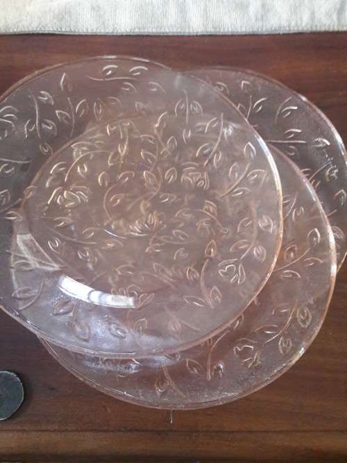 vintage pressed glass pink plates x3