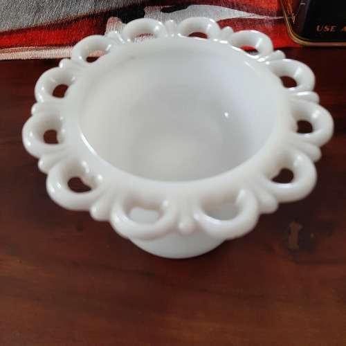 Vintage Milk Glass Pedestal Lace Edge Footed Bowl Dish