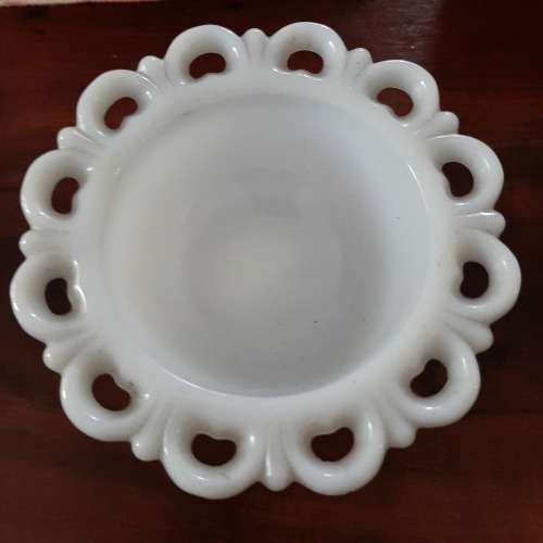 Vintage Milk Glass Pedestal Lace Edge Footed Bowl Dish