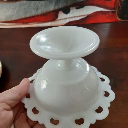 Vintage Milk Glass Pedestal Lace Edge Footed Bowl Dish