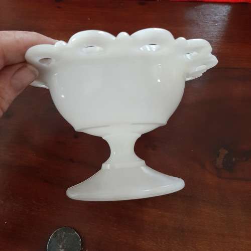 Vintage Milk Glass Pedestal Lace Edge Footed Bowl Dish