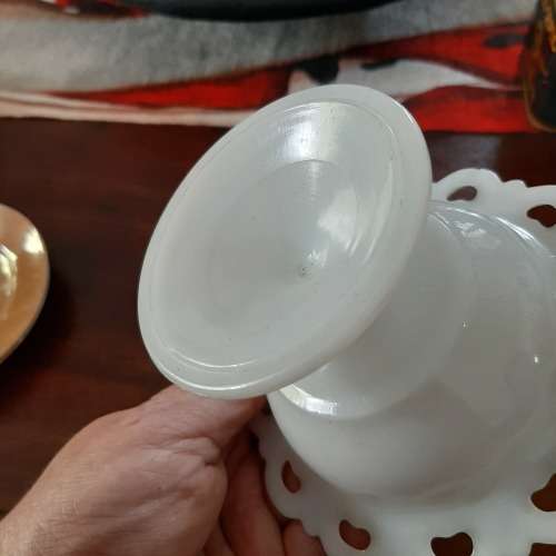 Vintage Milk Glass Pedestal Lace Edge Footed Bowl Dish