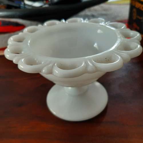 Vintage Milk Glass Pedestal Lace Edge Footed Bowl Dish