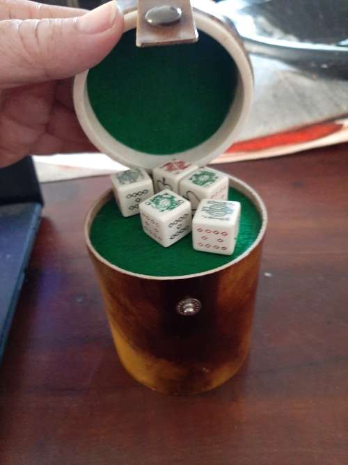 Poker dice in leather cup