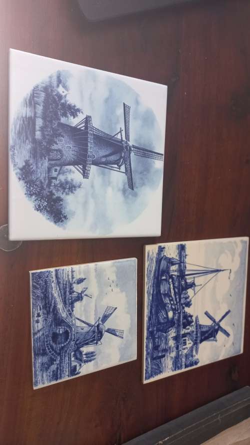 Set of 3 Blue and White Ceramic Tiles. Decorated in Delft Like style. Windmills along the canals of