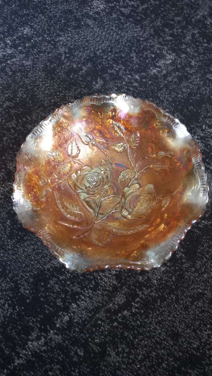 Imperial Marigold Open Rose Carnival Glass Bowl