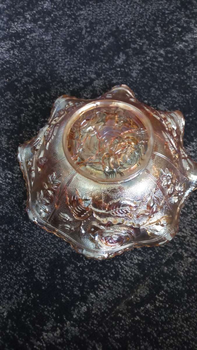 Imperial Marigold Open Rose Carnival Glass Bowl