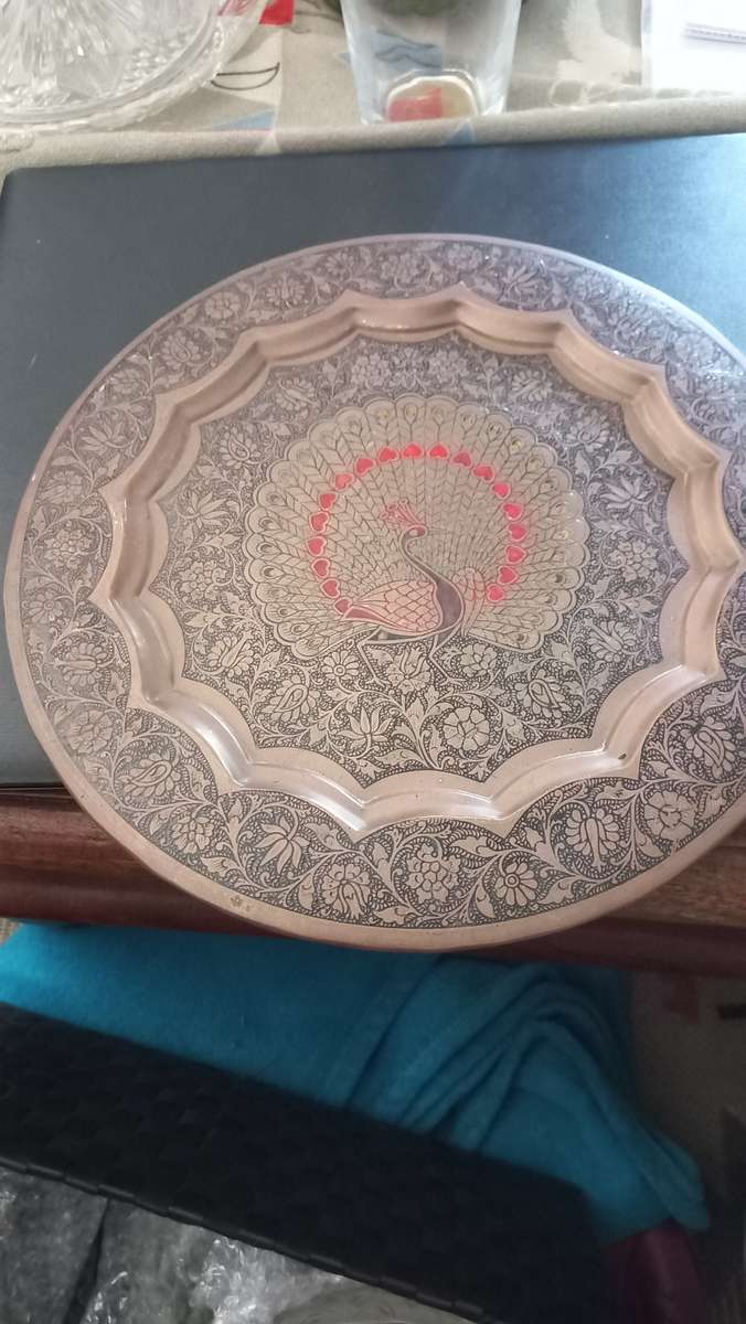 Vintage Enameled Brass Peacock Wall Tray Hand Crafted Art India Beautiful