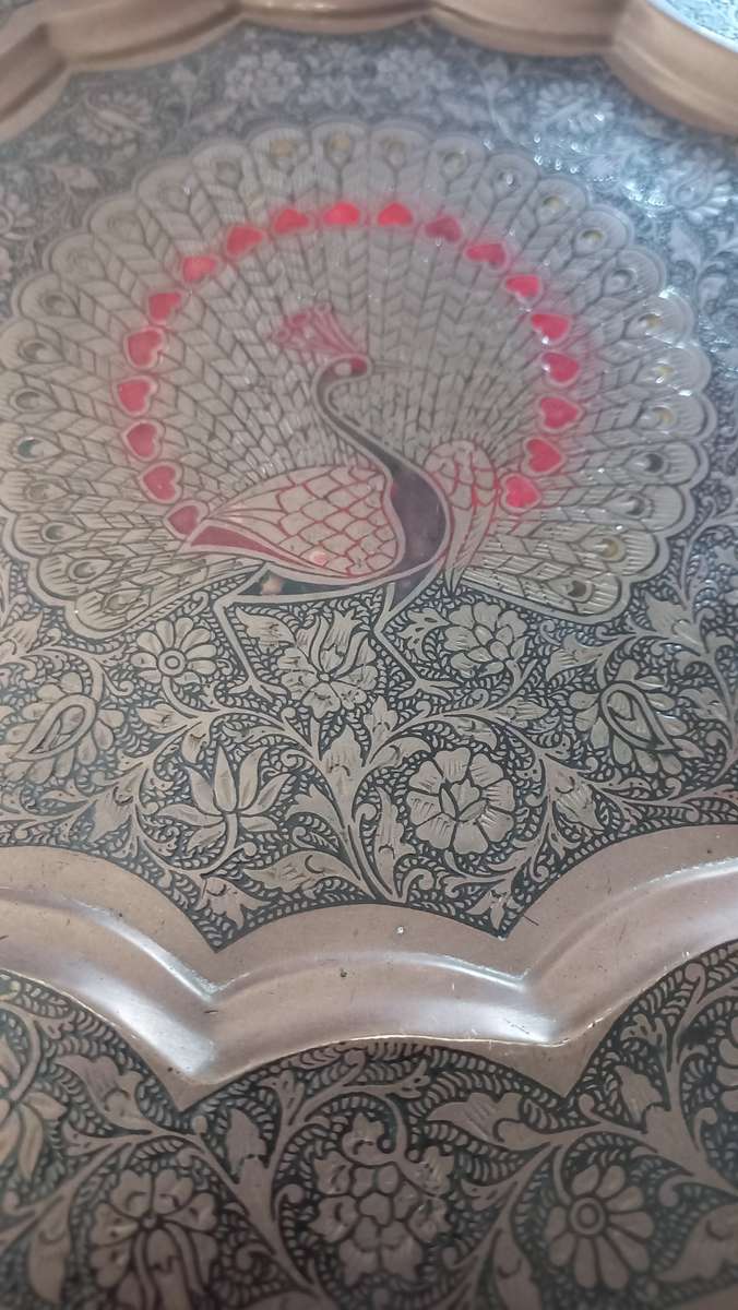 Vintage Enameled Brass Peacock Wall Tray Hand Crafted Art India Beautiful