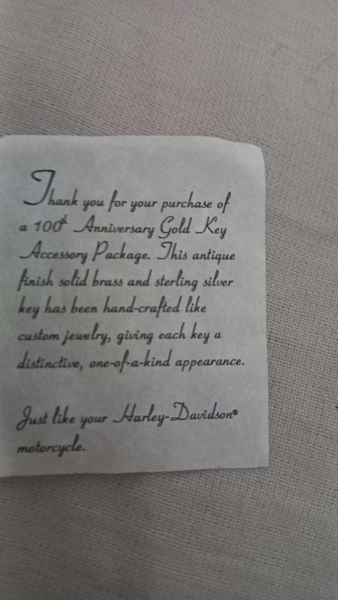 Harley Davidson 100th Anniversary Solid Brass And Sterling Silver Gold Key