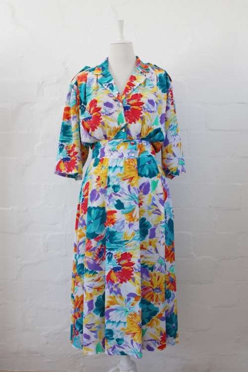 VINTAGE FLORAL PRINT WHITE BLUE PLEATED DAY DRESS - SIZE 10