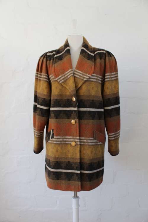 VINTAGE WOOL BROWN STRIPED WINTER COAT JACKET - SIZE 16