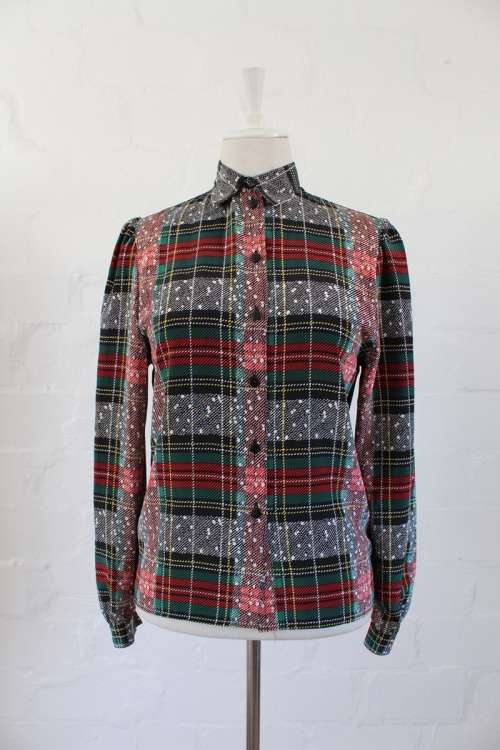 VINTAGE TARTAN PLAID PRINT GREEN RED BLOUSE TOP SHIRT - SIZE 10