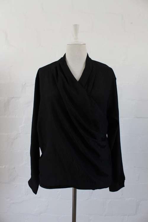 VINTAGE BLACK CROSS-OVER WRAP STYLE BLOUSE SHIRT TOP - SIZE 14