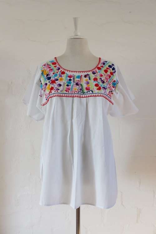 VINTAGE MEXICAN STYLE FLORAL EMBROIDERED WHITE TOP BLOUSE SHIRT - SIZE LARGE