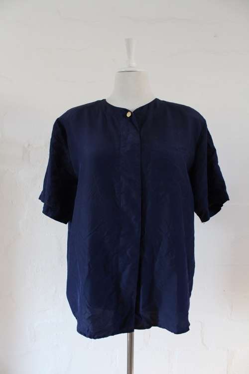 VINTAGE 100% SILK NAVY BLUE SHORT SLEEVE BLOUSE SHIRT TOP - SIZE 14