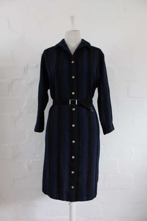 VINTAGE BLUE BLACK STRIPED BELTED LONG SLEEVE DRESS - SIZE 14