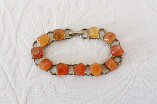VINTAGE CARNELIAN ORANGE GEM STONE CHAIN LINK BRACELET