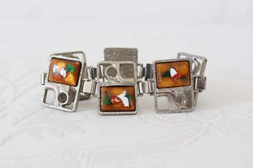 VINTAGE HAND MADE FLOWER ORANGE SILVER PLATED CHUNKY CHAIN BRACELET BANGLE