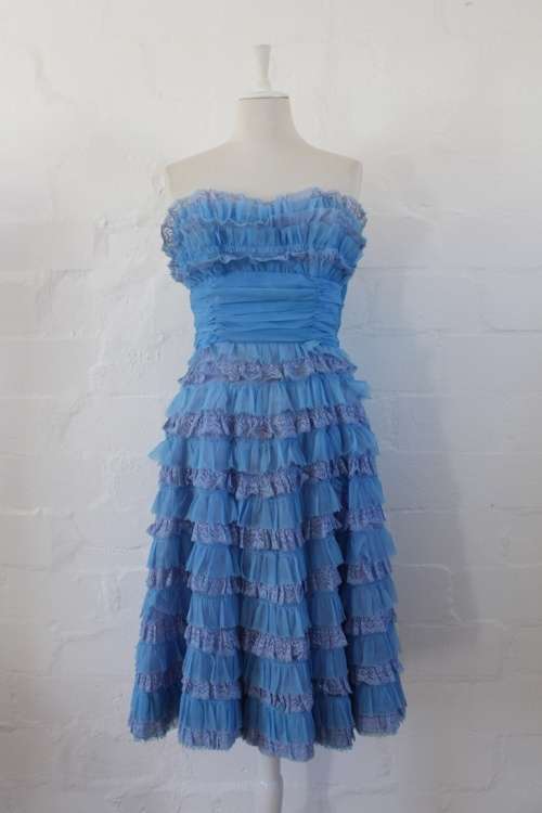 VINTAGE RUFFLED TIERED BLUE BOOB TUBE STRAPLESS COCKTAIL EVENING DRESS - SIZE 10