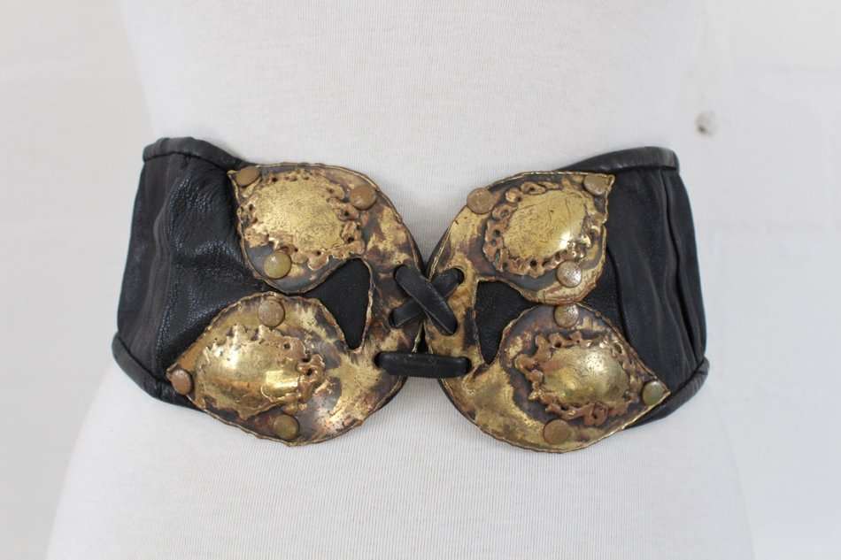 VINTAGE BRASS BUCKLE BLACK GENUINE LEATHER BELT