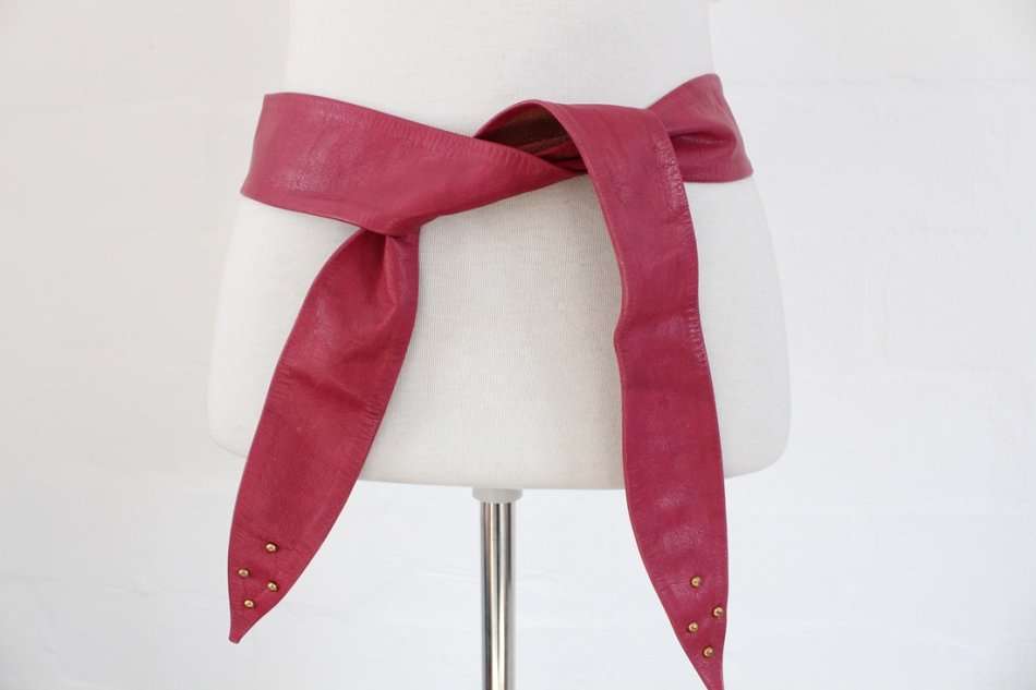 VINTAGE HOT PINK STUDDED GENUINE LEATHER TIE WAIST BELT