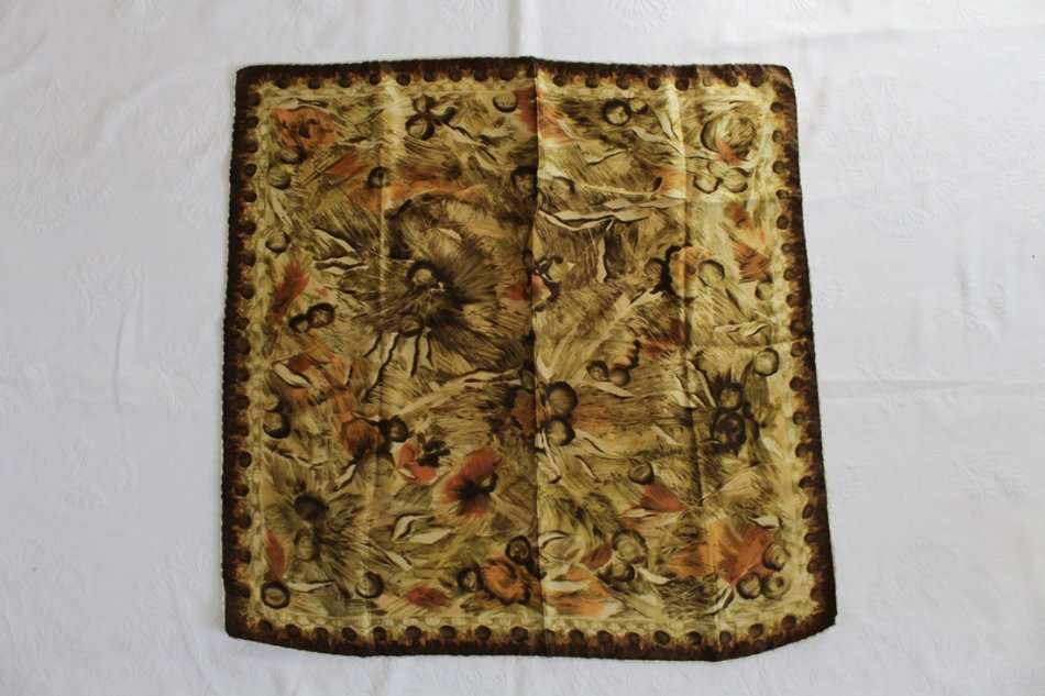 100% SILK VINTAGE GREEN BROWN PAINT EFFECT PRINTED SCARF - ITALY