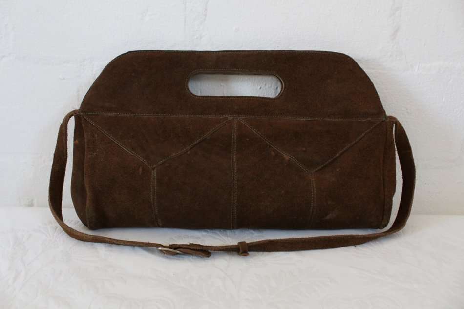 VINTAGE GENUINE SUEDE LEATHER BROWN PATCH SHOULDER BAG HANDBAG