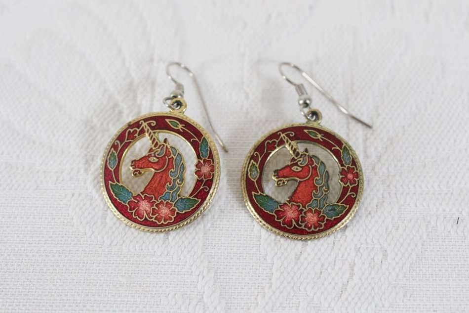 VINTAGE UNICORN CLOISONNE ENAMEL RED DROP COSTUME EARRINGS