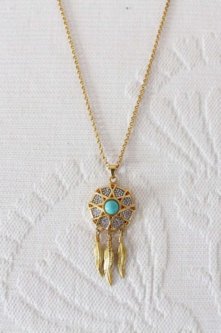 VINTAGE FAUX TURQUOISE GOLD PLATED DREAM CATCHER PENDANT NECKLACE