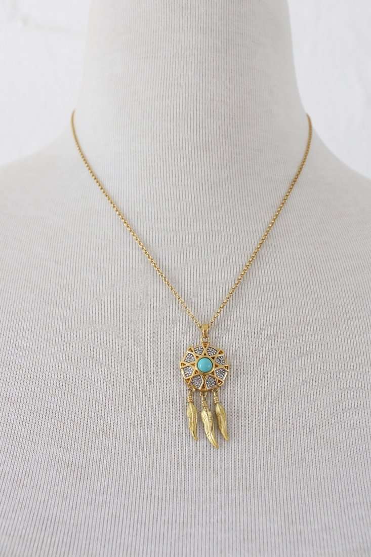 VINTAGE FAUX TURQUOISE GOLD PLATED DREAM CATCHER PENDANT NECKLACE