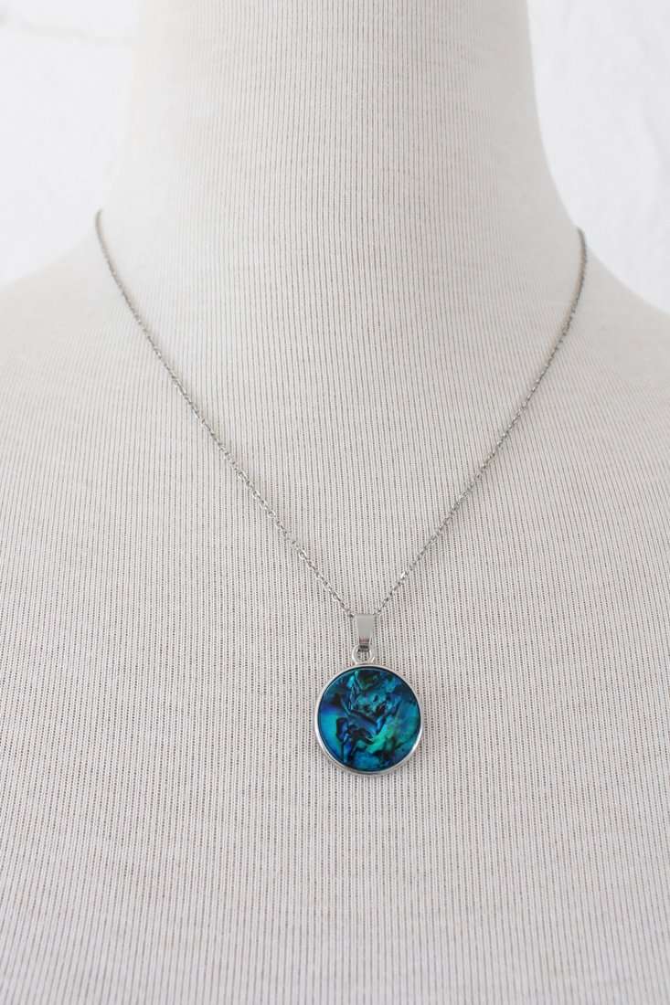 GENUINE PAUA SHELL BLUE SILVER TONE PENDANT CHAIN NECKLACE