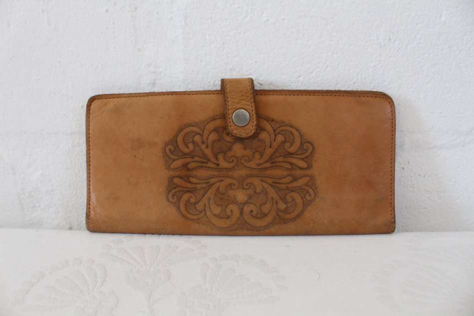 GENUINE LEATHER VINTAGE BROWN TAN TOOLED WALLET PURSE