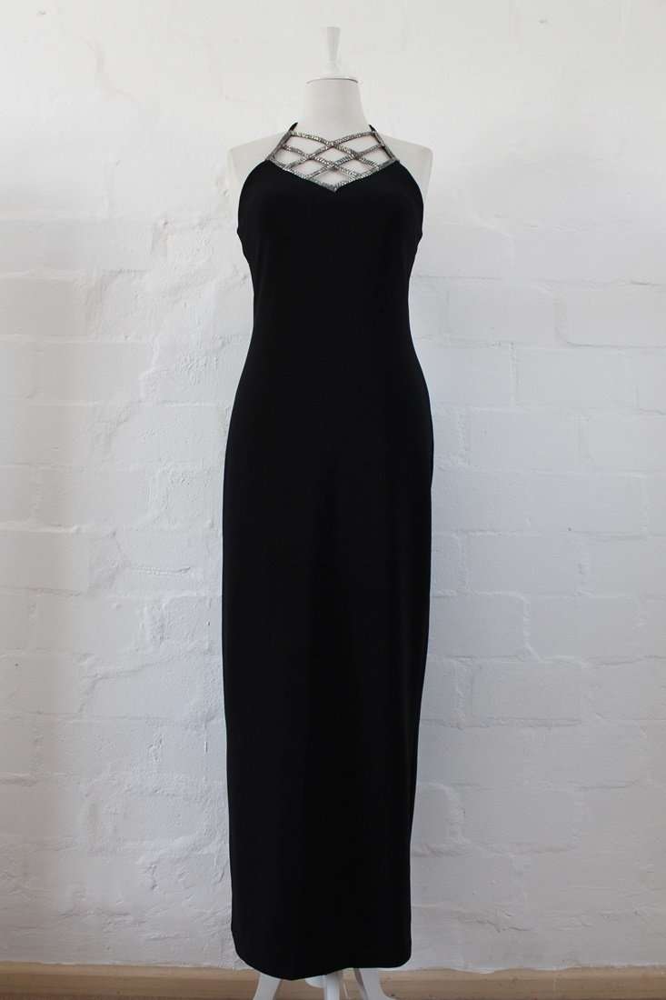 VINTAGE BEADED LATTICE NECKLINE BLACK RIBBED FITTED MAXI COCKTAIL DRESS - SIZE 12